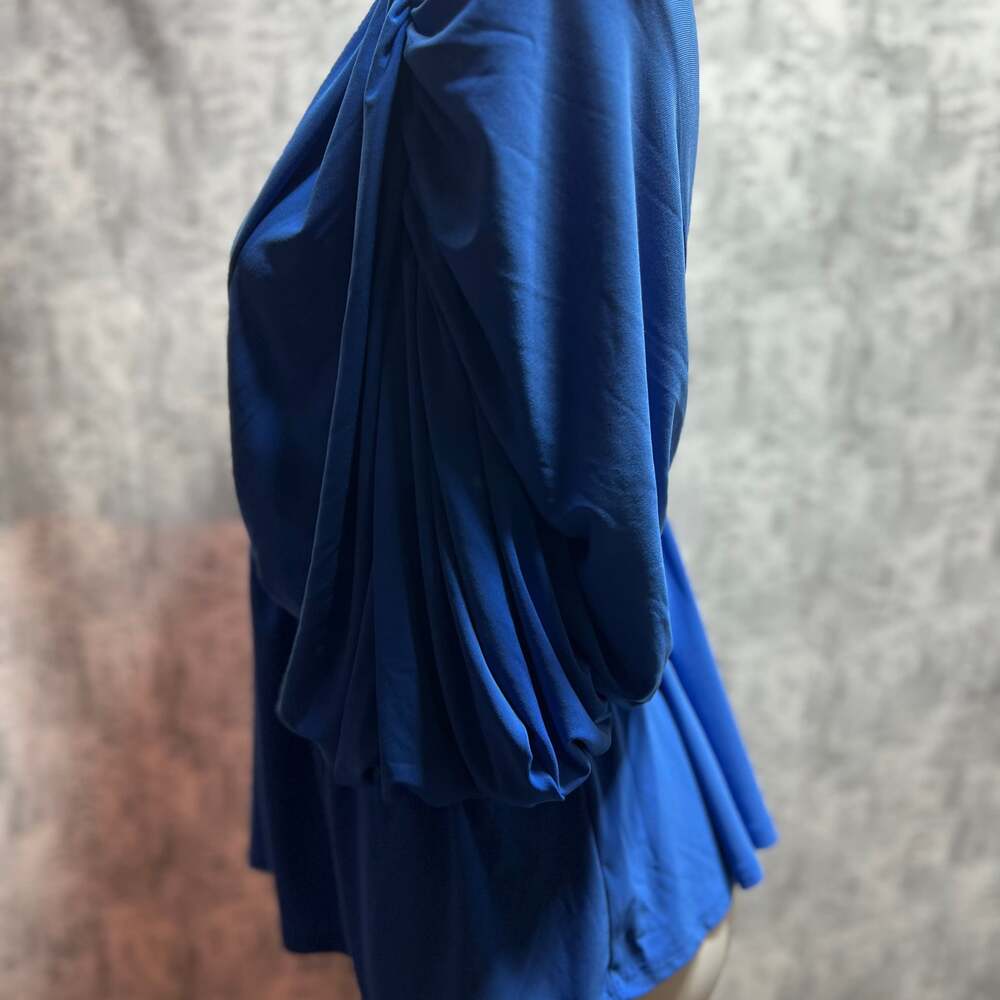 EXPRESS Blue Stretchy Peplum V-Neck Draped Short Sleeves Top - Picture 2 of 6